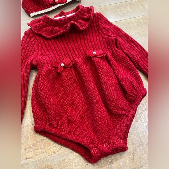 Shabby Chic baby girl knit romper dress set worn Pom Pom beret hat - Picture 8 of 12